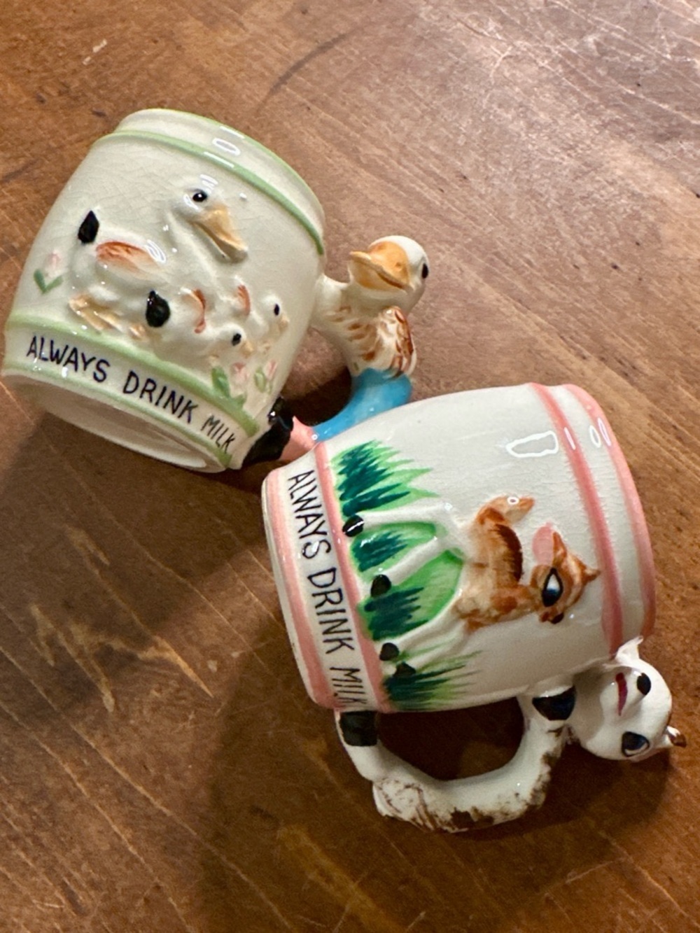 Vintage Set of Always Drink Milk Ceramic Animal Handle Mugs Cream Pastel Accents